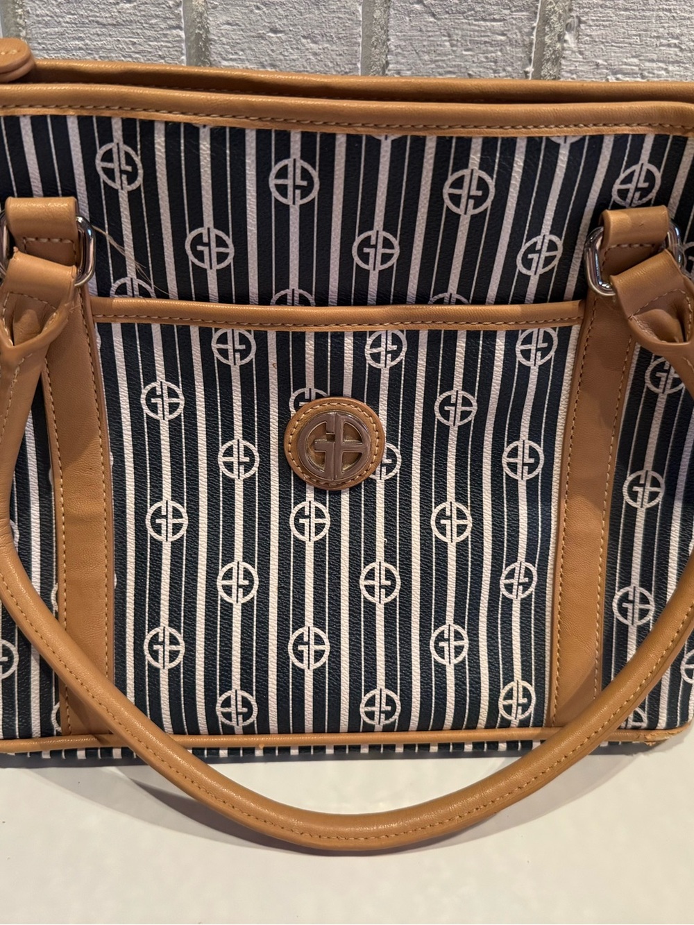 Giani Bernini Striped Navy and Tan Tote Bag with Logo Accent